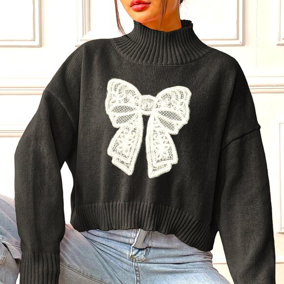 WHITE BOW KNOT XL LONG SLEEVE BLACK CASUAL TURTLENECK SWEATER - Picture 1 of 4